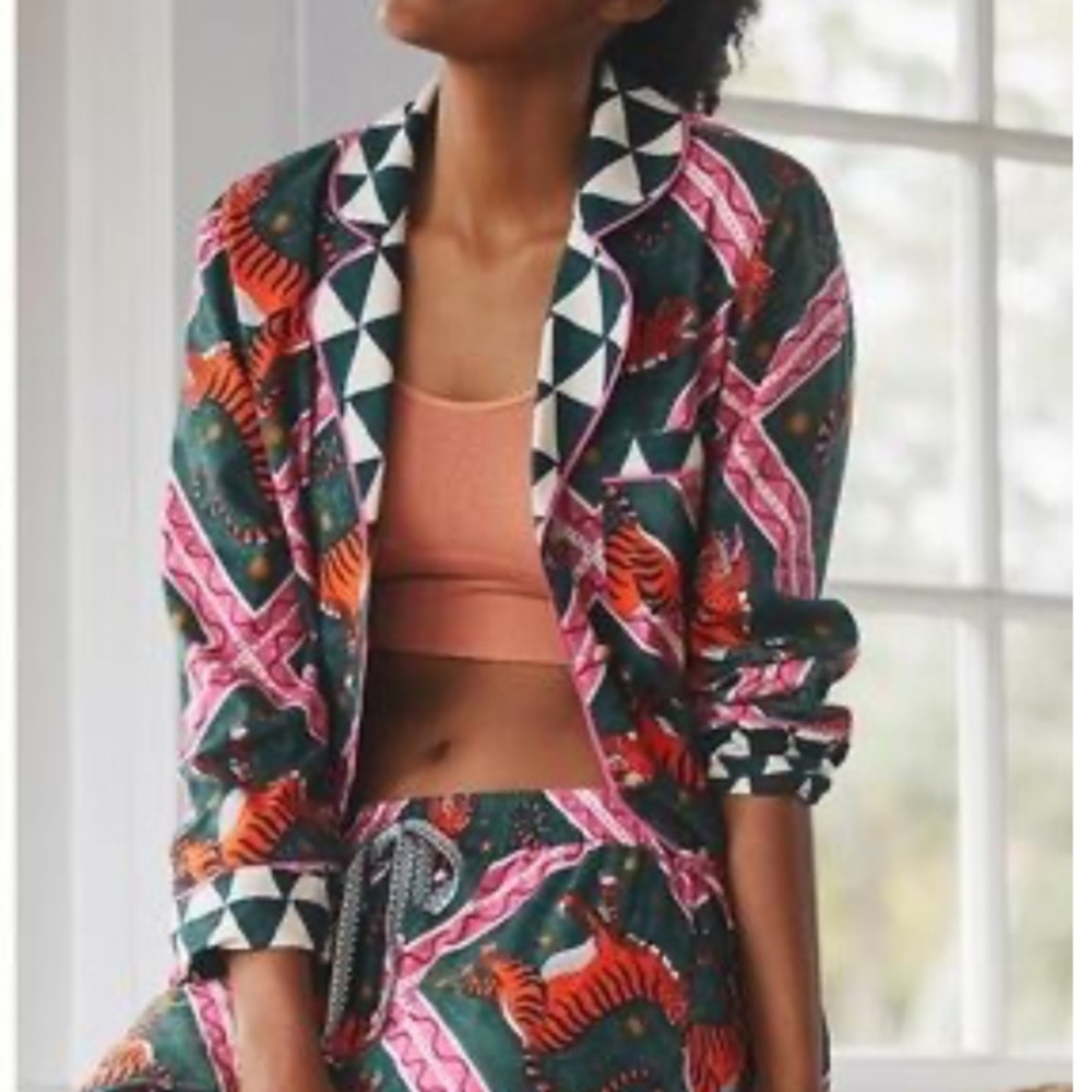 Anthropologie x Corinne Lent Tigress Flannel Button-Up PJ Top Green XS